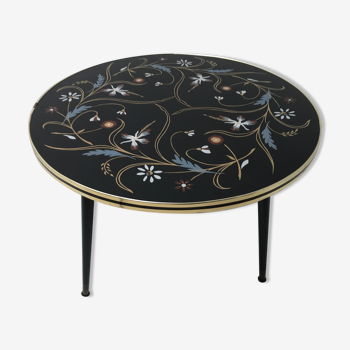 Table basse tripode plateau miroir et décor 1960