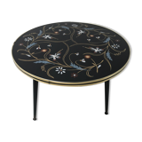 Table basse tripode plateau miroir et décor 1960
