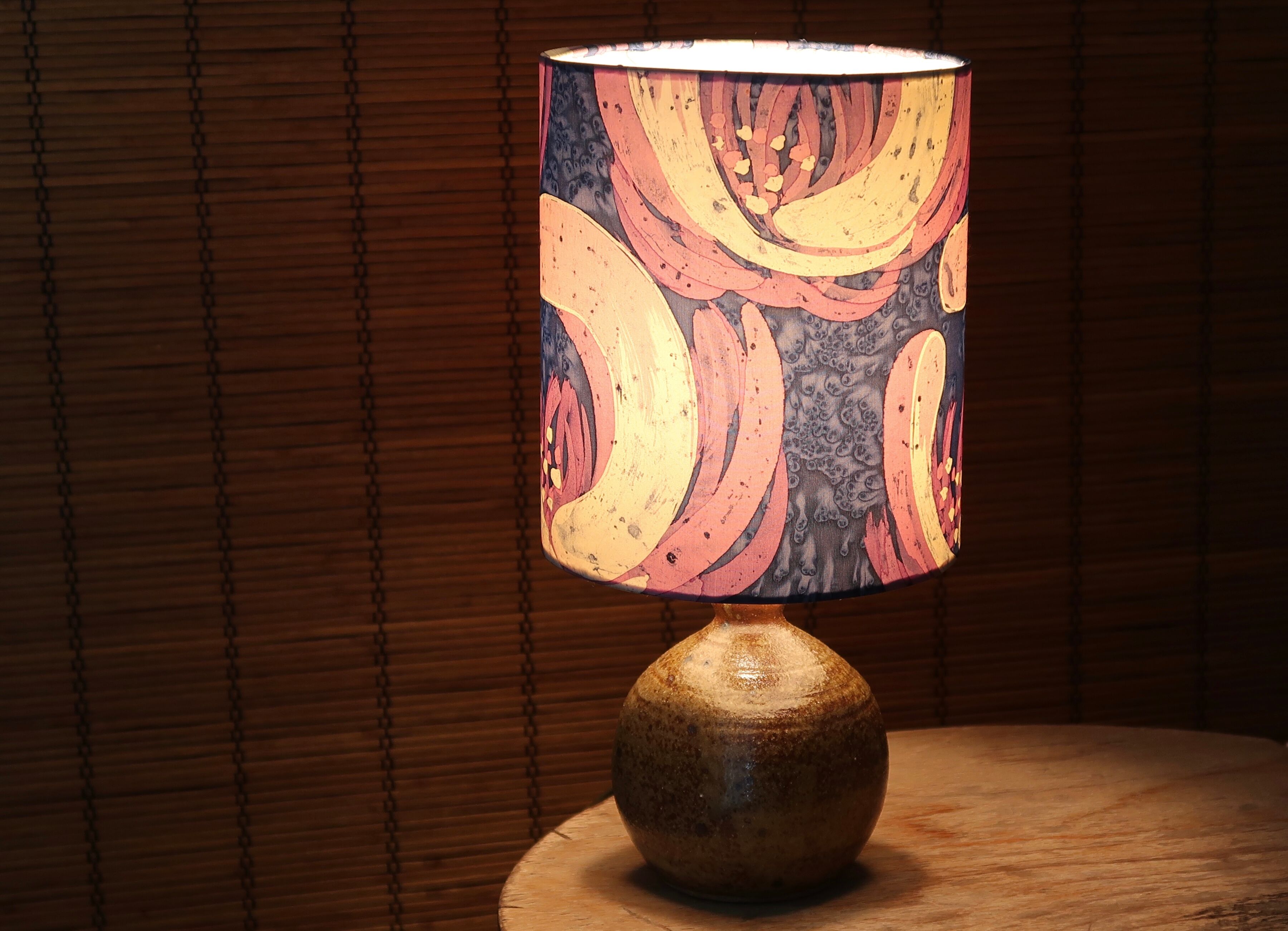 Stoneware lamp, purple fabric lampshade, 60s