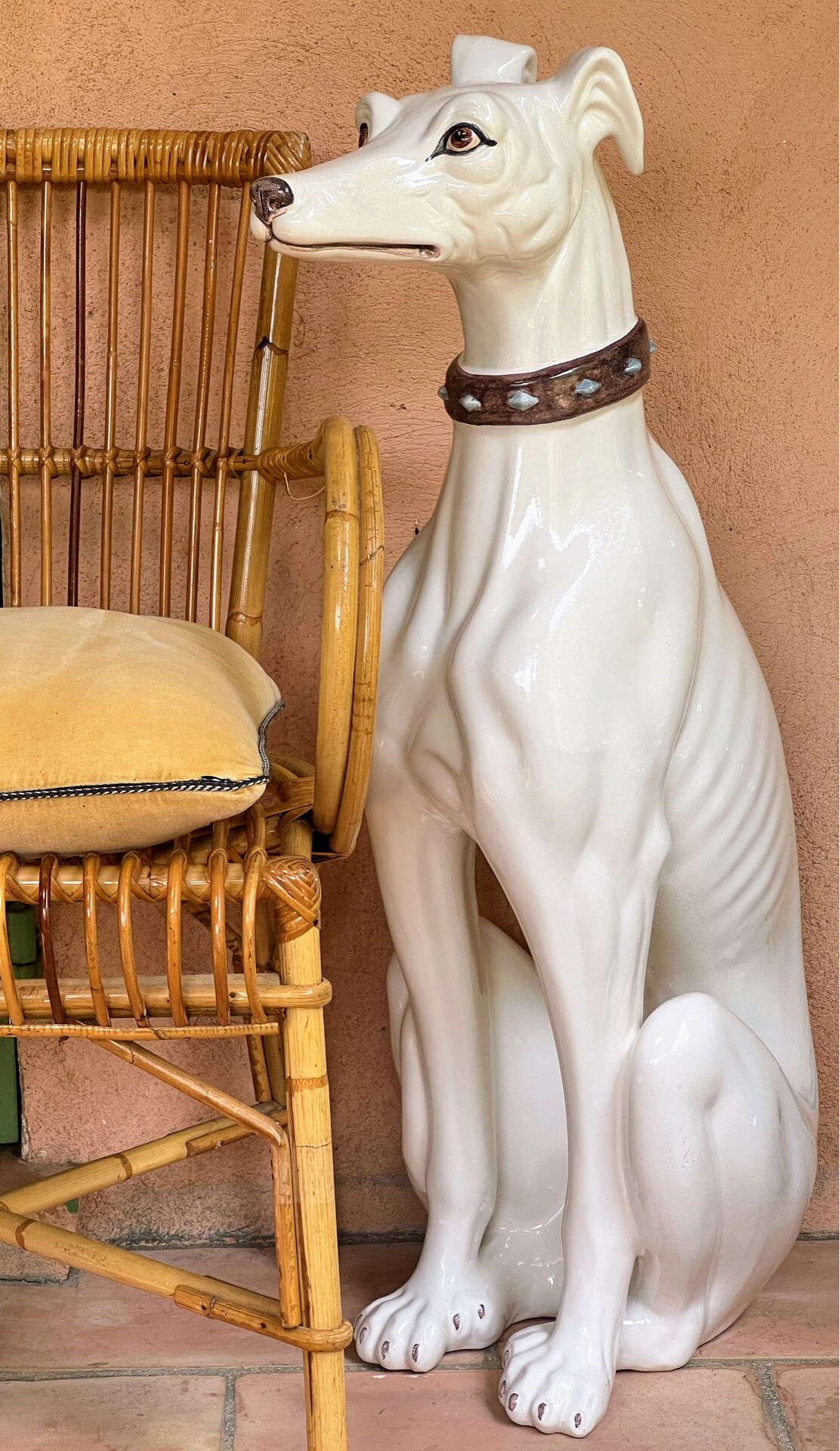 Large white glazed ceramic greyhound – signed – 92 cm