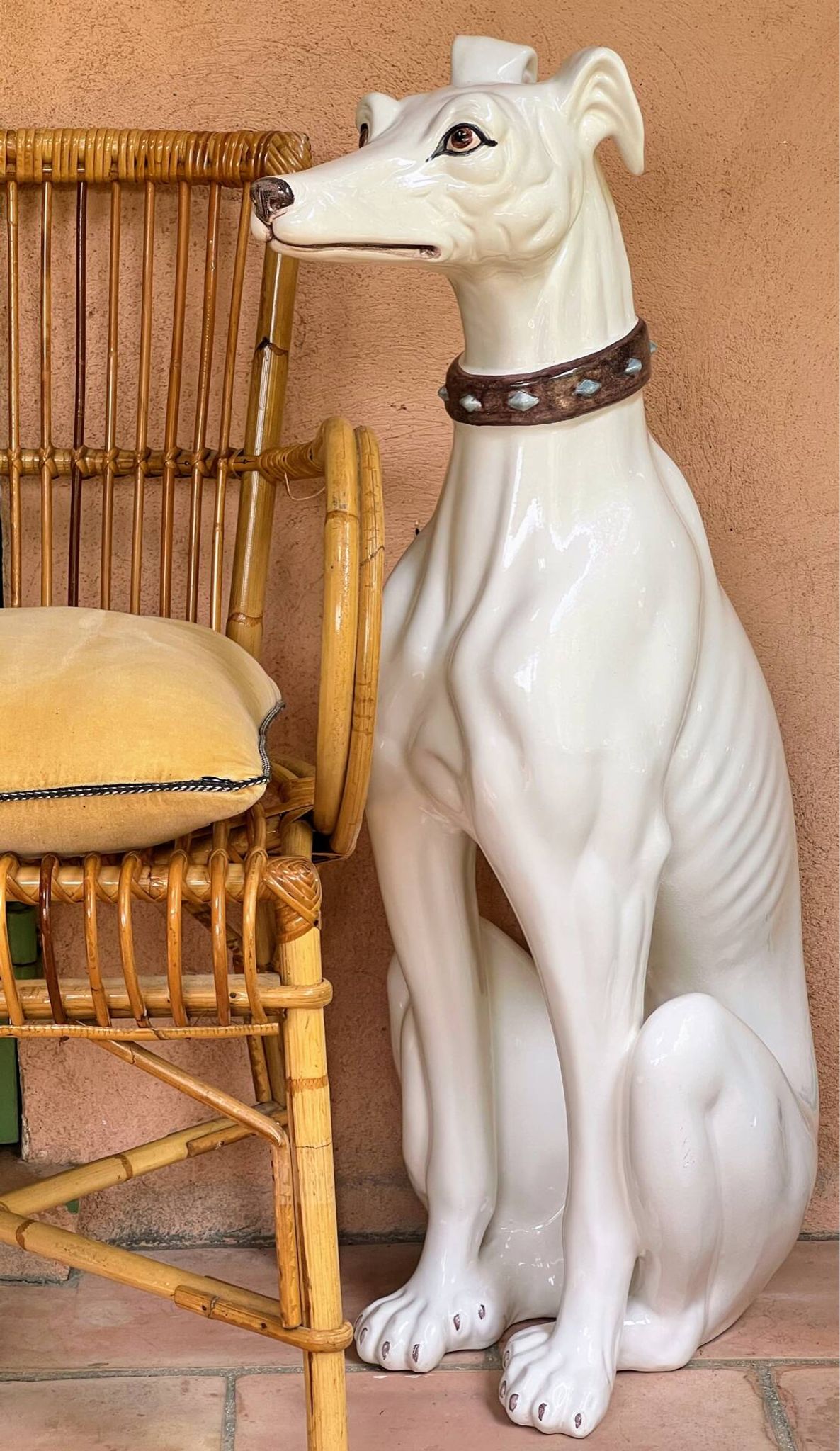 Large white glazed ceramic greyhound – signed – 92 cm