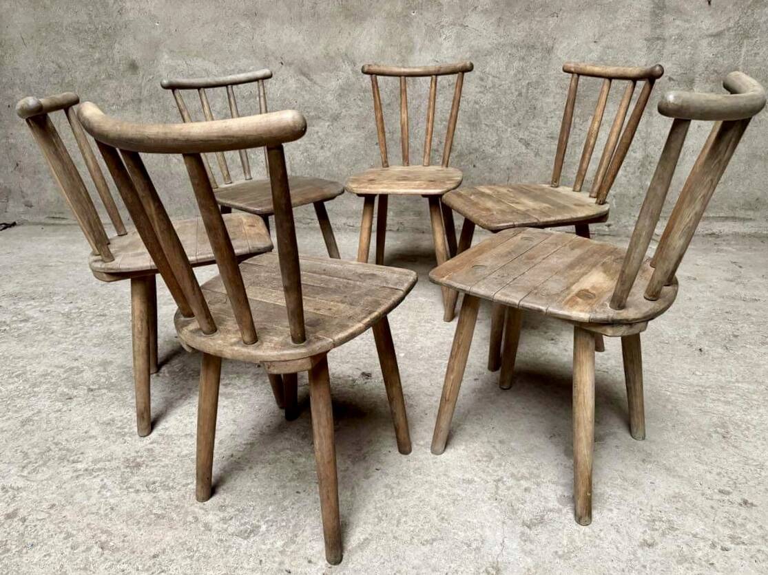 Series Set of 6 old rustic Western bistro chairs in original patina wood