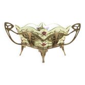 Art Nouveau platter with ceramic insert in ornamental metal frame, European craftsmanship
