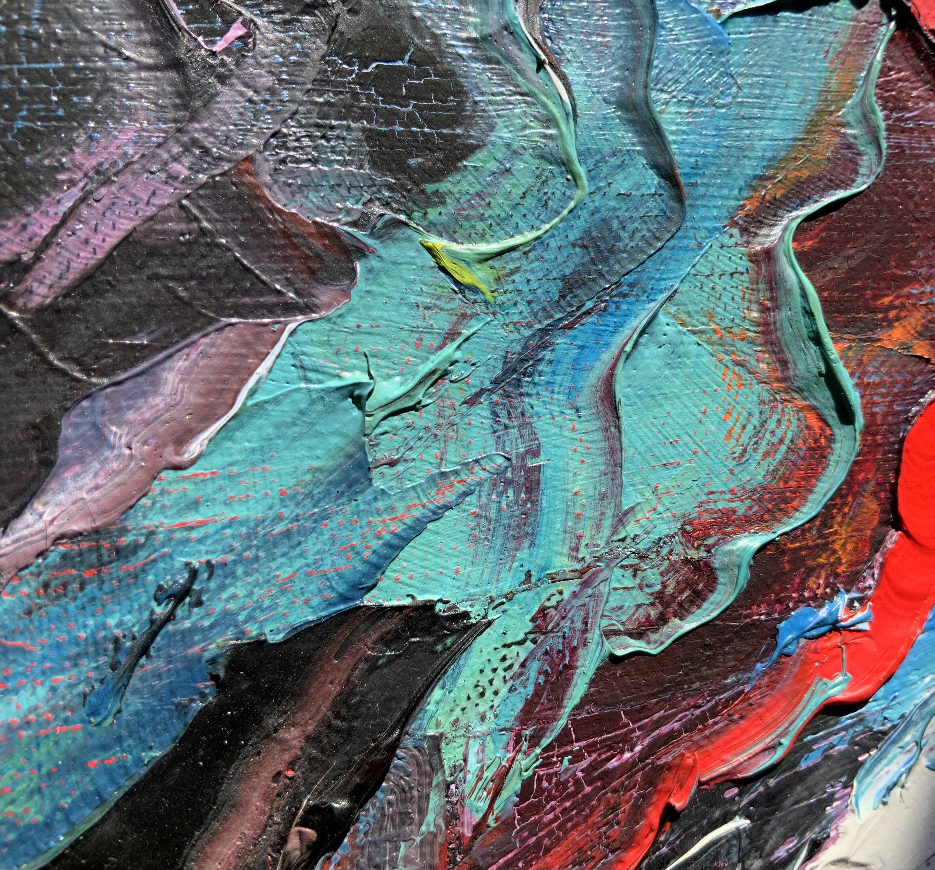 Petite peinture abstraite vintage de paysage, signée Axel, années 1970.