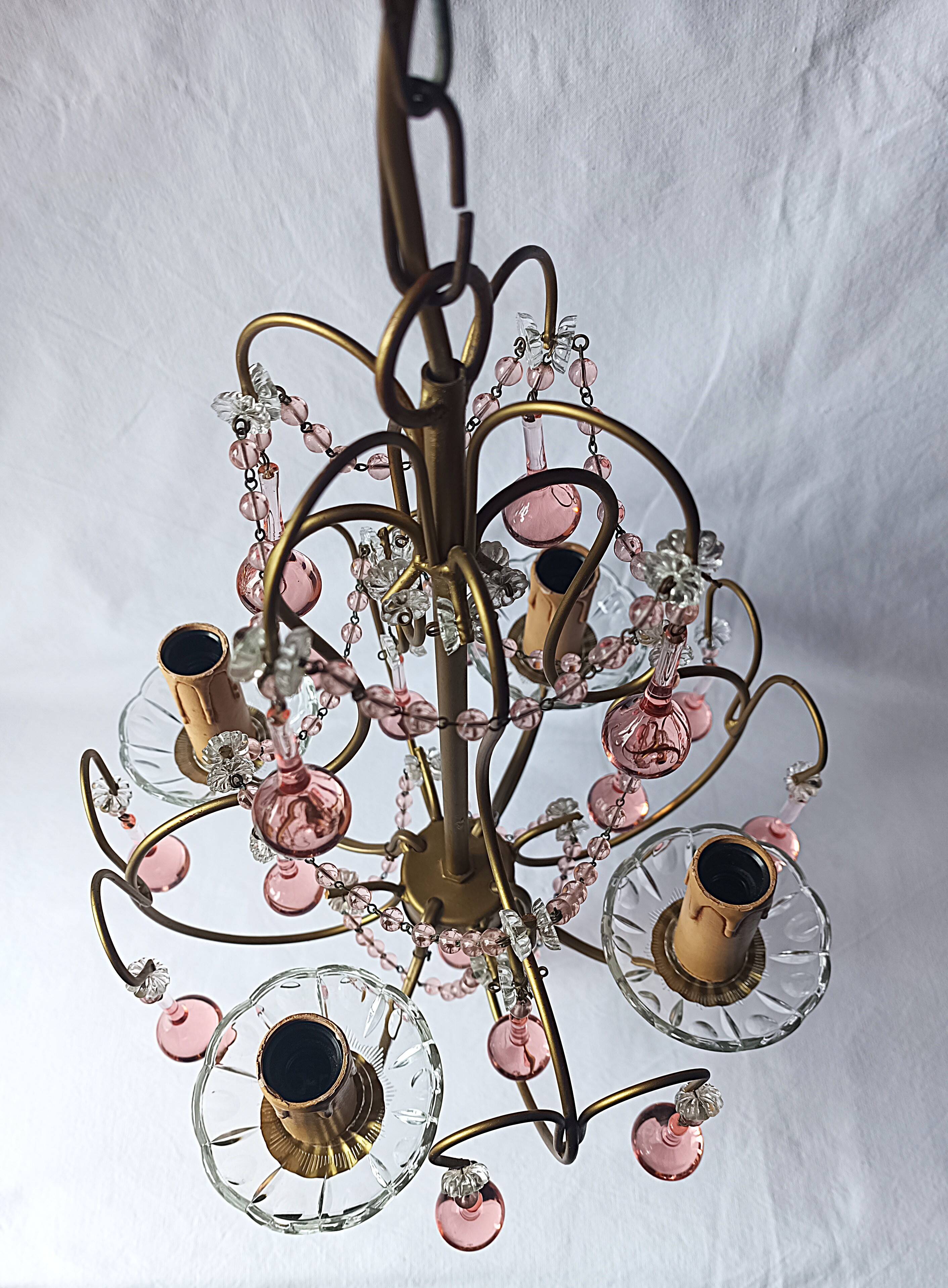 Vintage Murano drop pendant chandelier with pearl flower, 4 lights.