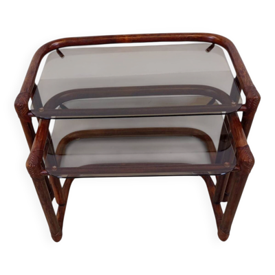 Tables gigognes vintage en rotin et verre fumé par Flecht-Atelier Schütz