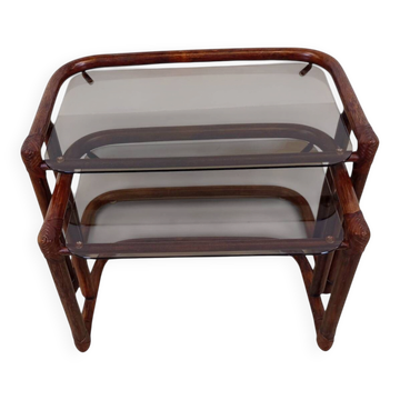 Tables gigognes vintage en rotin et verre fumé par Flecht-Atelier Schütz