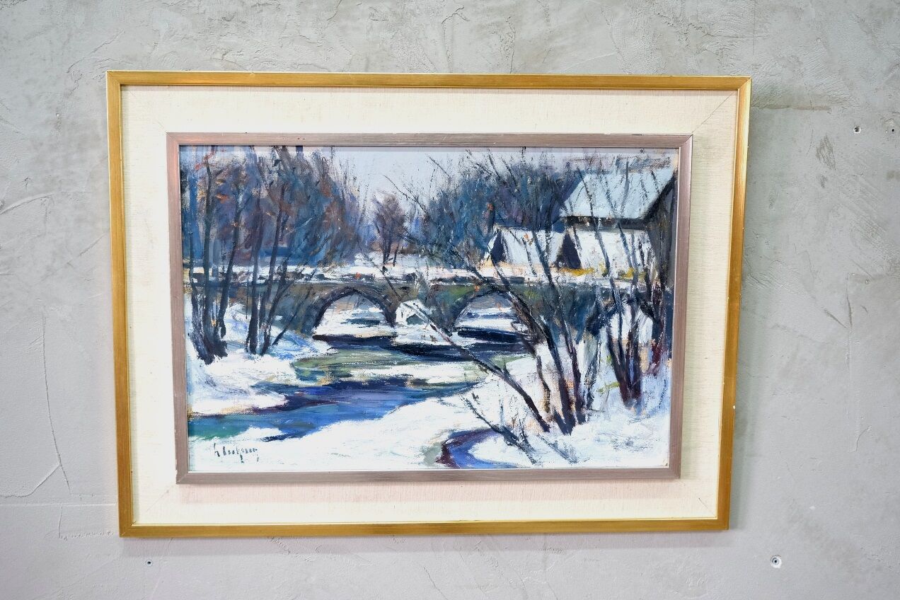 Gideon isaksson (1911-1980), scandinavian modern landscape, 1960s, oil on panel, framed