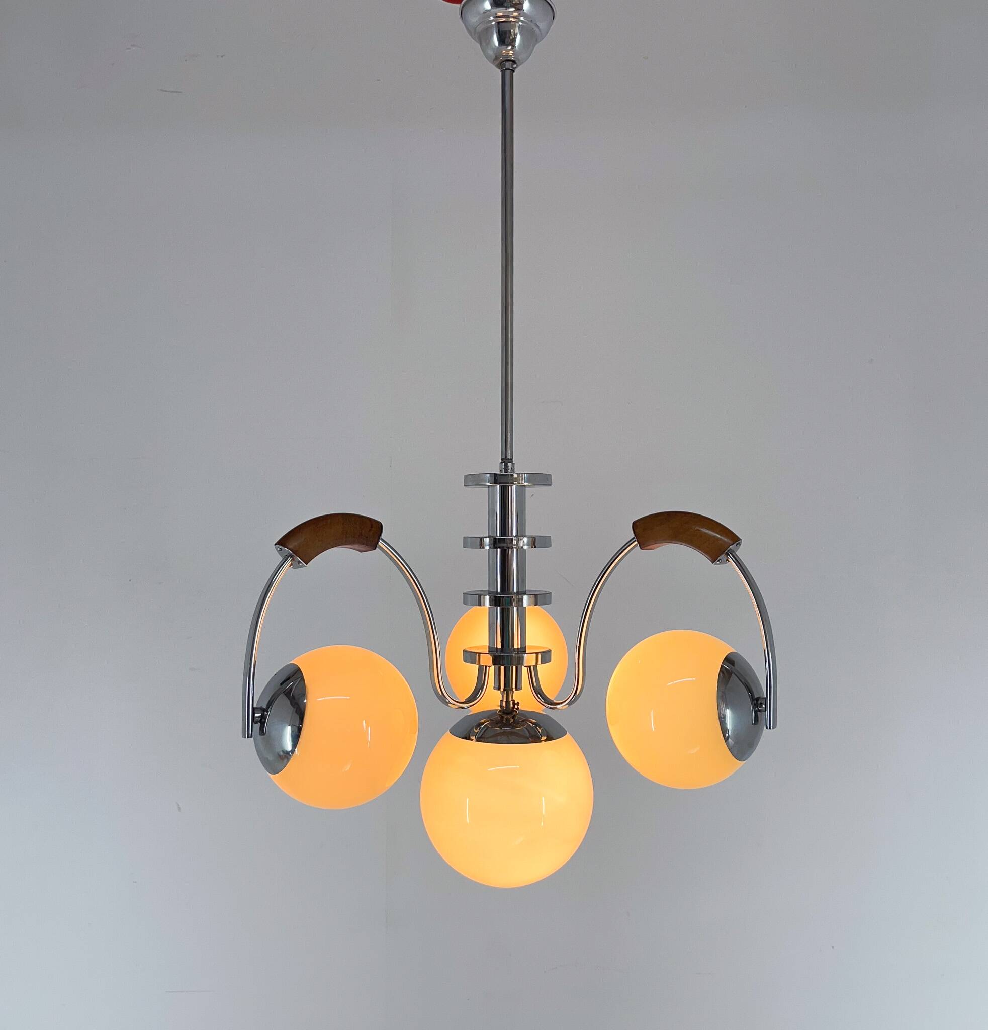 Lustre Art Déco Chrome & Bois, Restauré, Tchécoslovaquie