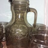 Carafe and 6 glasses, in transparent brown glass - Italy - Vintage