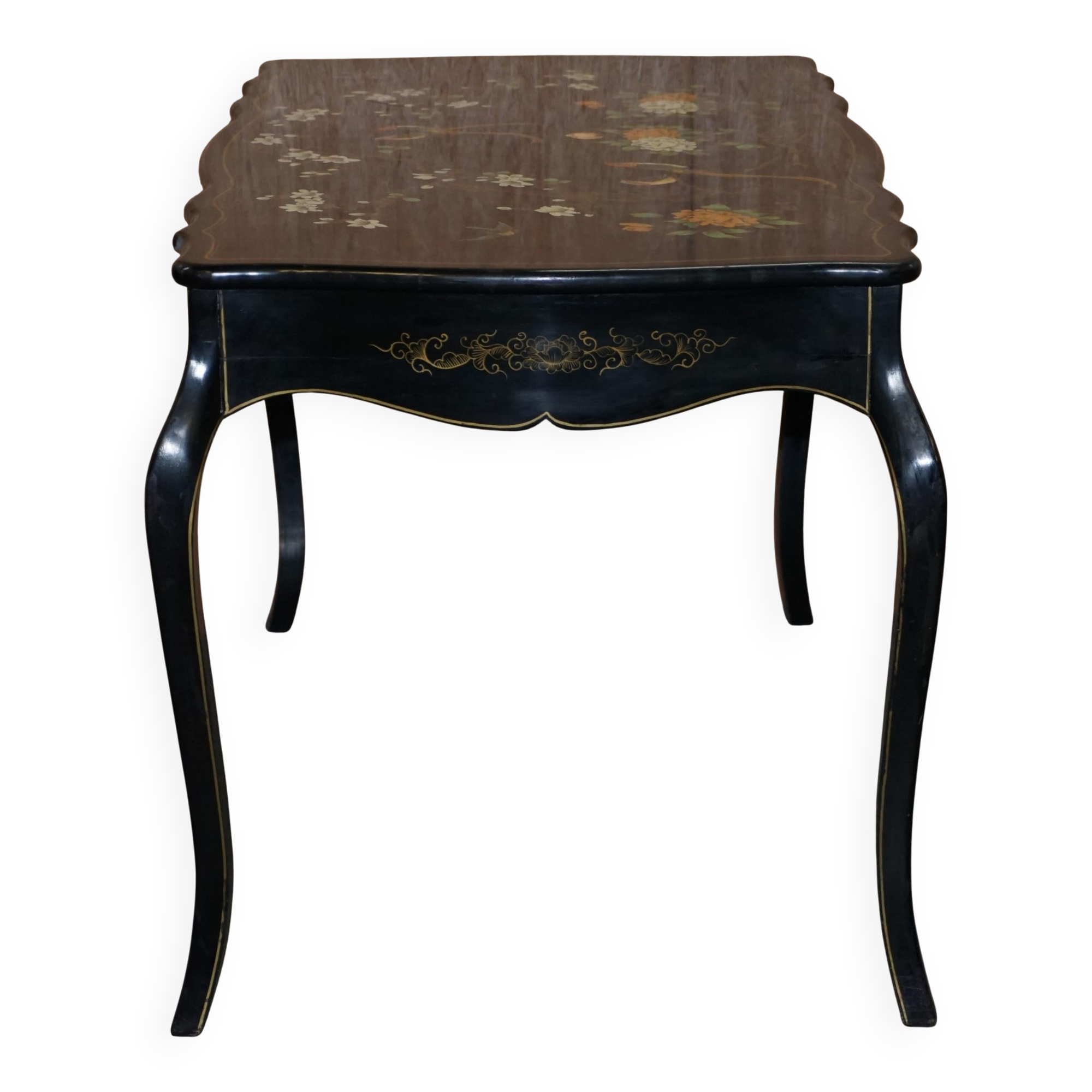 Bureau d'écriture vintage peint polychrome laqué noir avec oiseaux et fleurs