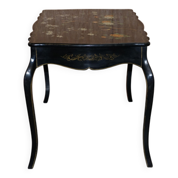 Vintage writing desk painted in black lacquer with multicoloured birds and flowers.