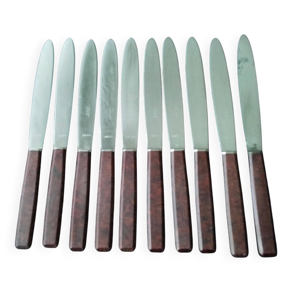 Coffret de 10 couteaux vintage  manches en bakélite brune
