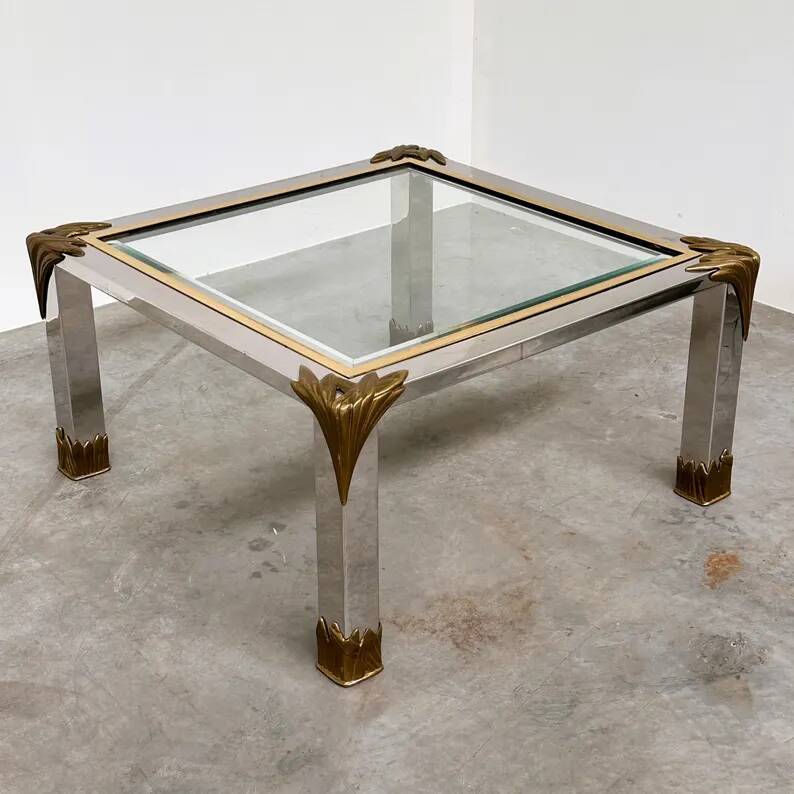 Vintage coffee table in chrome and brass adorned with sculpted leaf details, 1970s