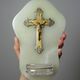 Antique wall-mounted font in green onyx, crucifix in metal and cut glass/crystal.