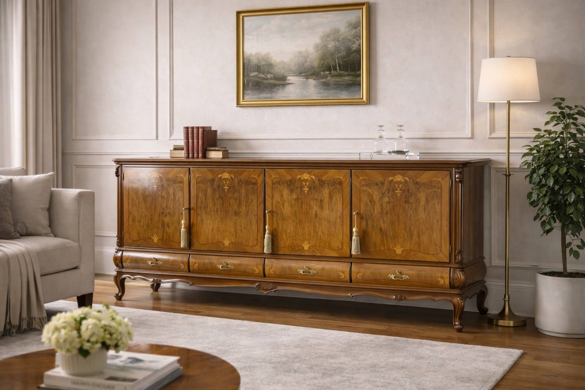 Cabinet de salon en noyer marqueté, années 1950