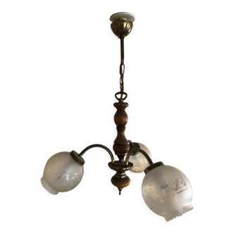 Wood glass and brass chandelier