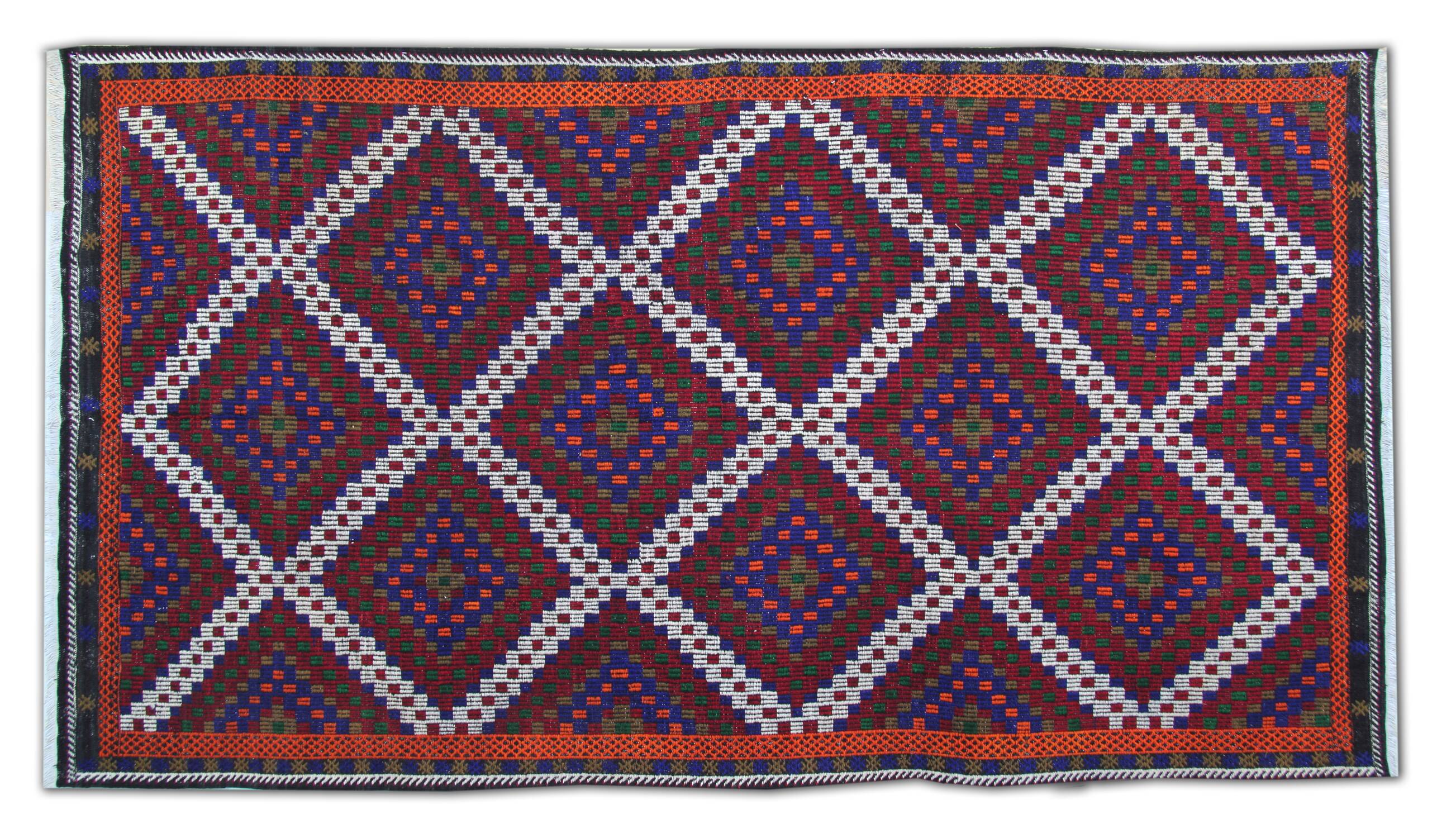 Tapis Kilim Turkman, tissage plat géométrique bordeaux et bleu marine, 314 × 174 cm