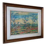 Peinture à l'huile sur panneau paysage campagne prairie fleurie signée