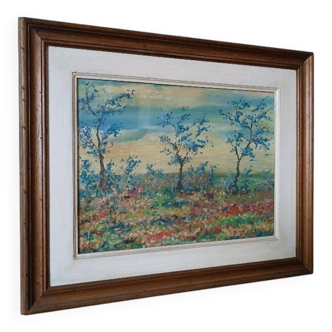 Peinture à l'huile sur panneau paysage campagne prairie fleurie signée et d