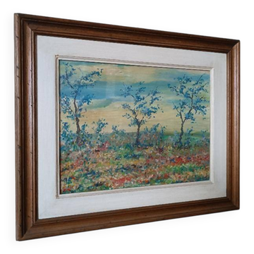 Peinture à l'huile sur panneau paysage campagne prairie fleurie signée