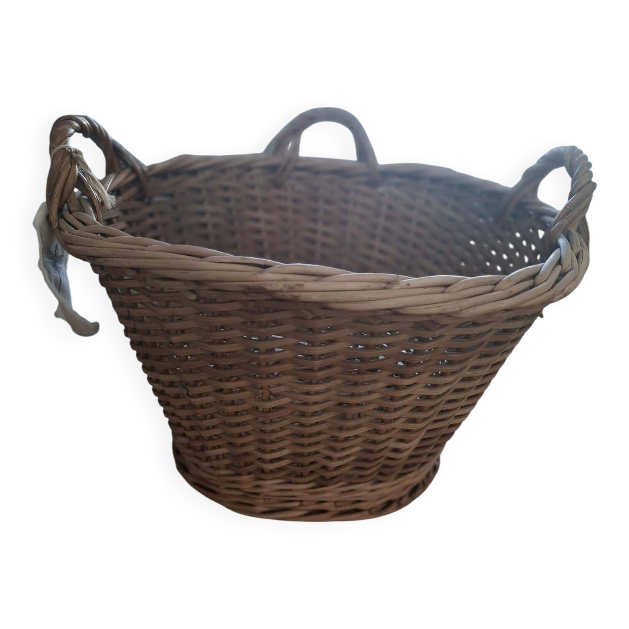 Old wicker basket with 3 handles.