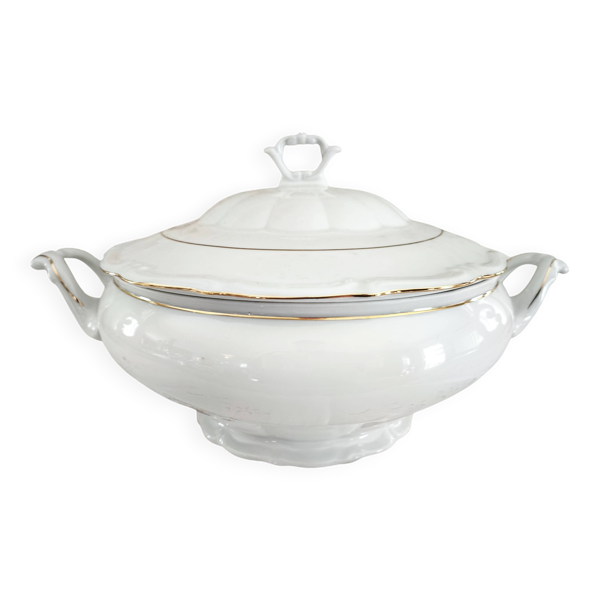 Soupière en porcelaine Manufacture blanche double filet or peint à la main