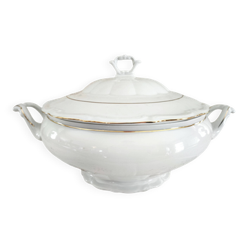Soupière en porcelaine Manufacture blanche double filet or peint à la main