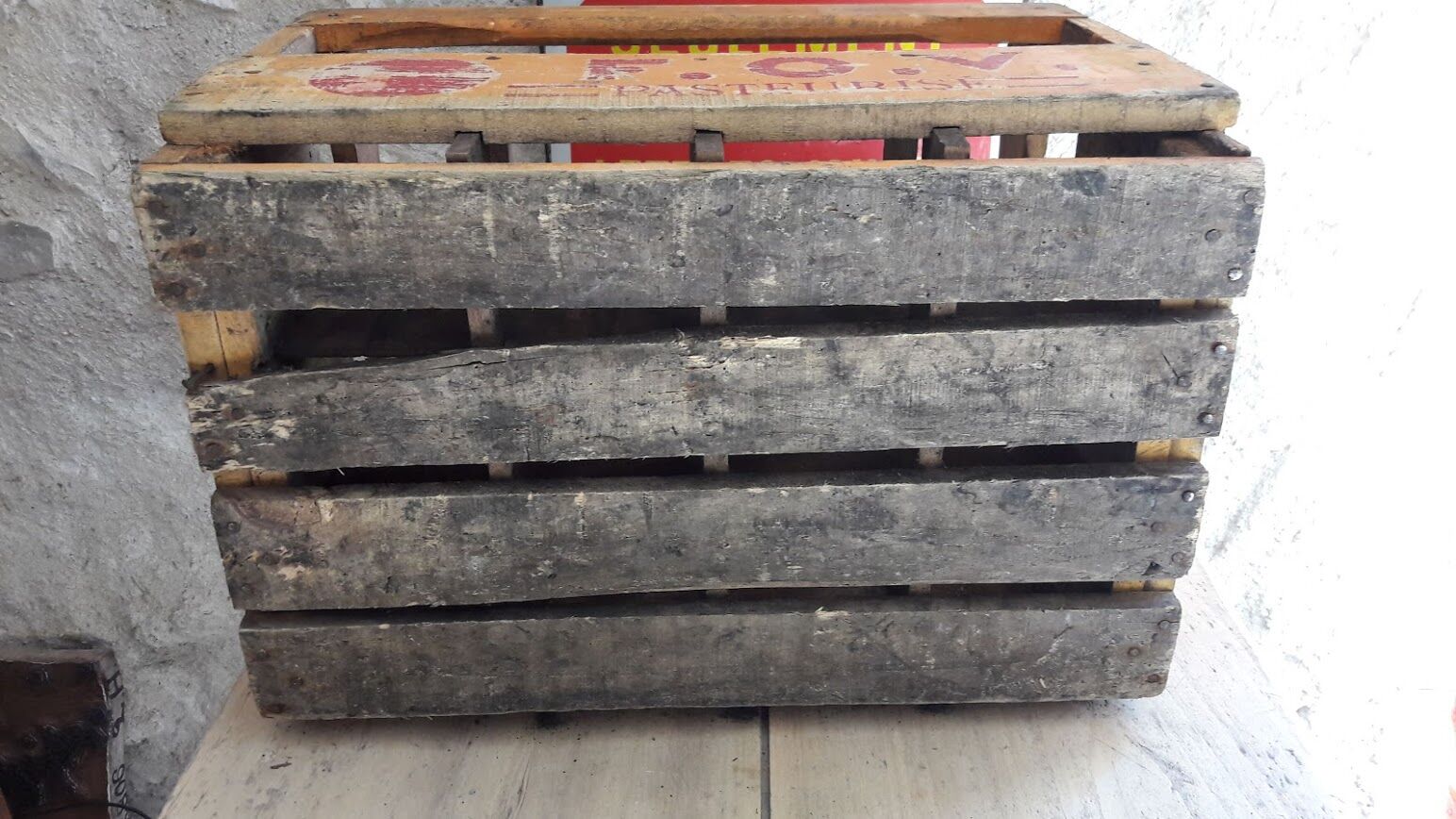 Old locker wooden milk bottles