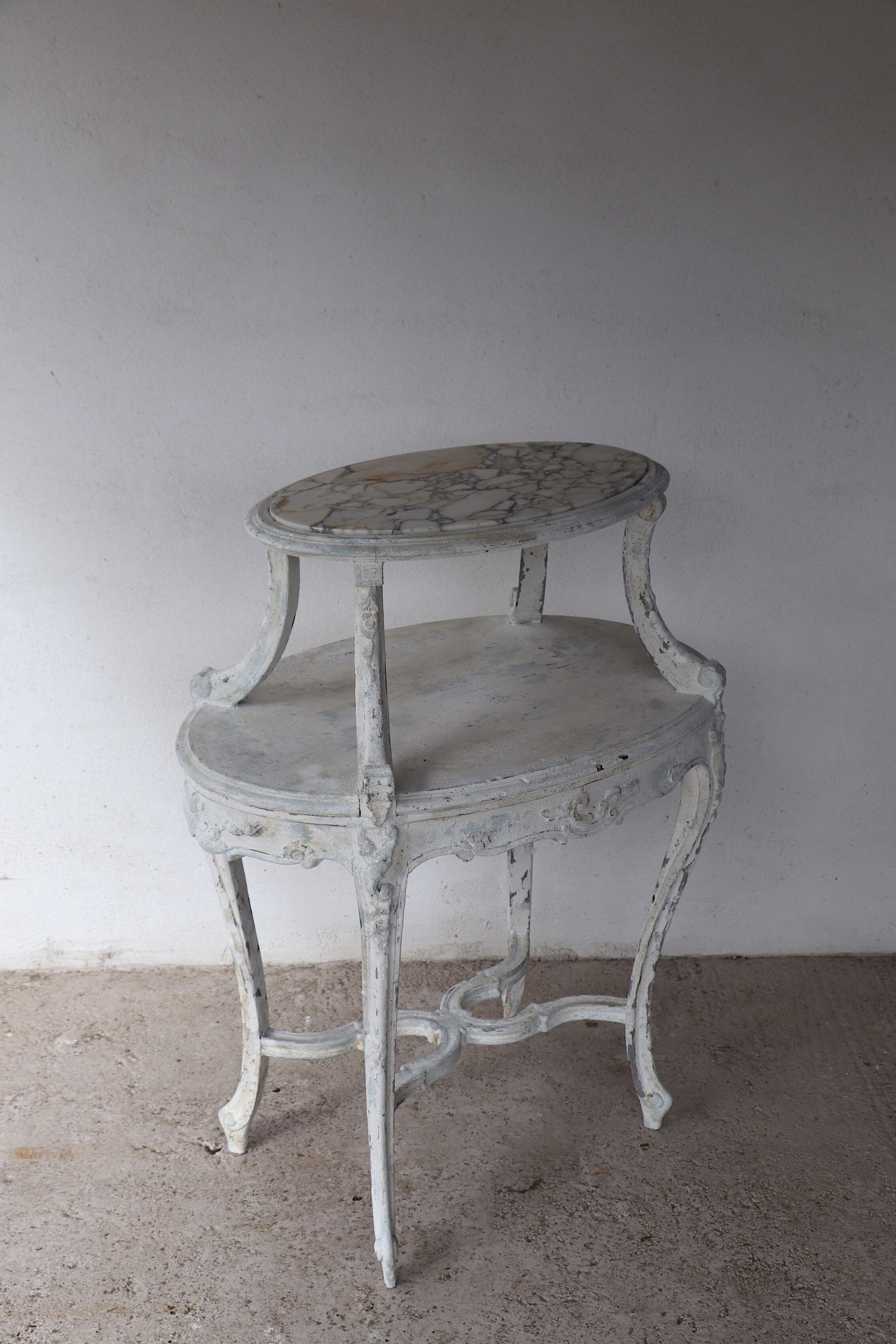 Tea table, marble and wood style Louis XV patina