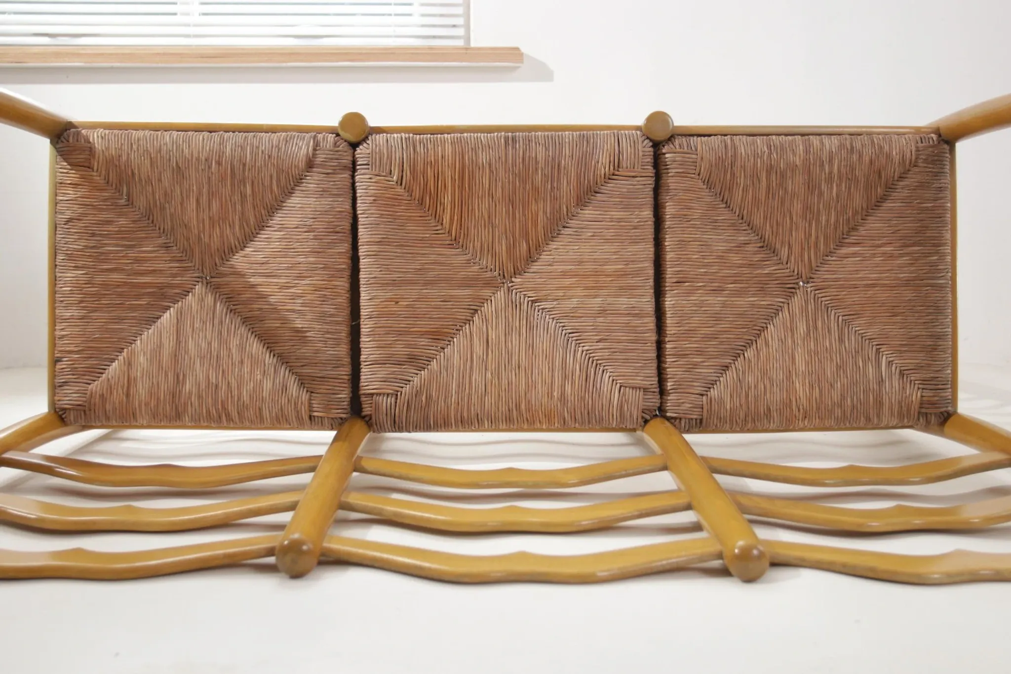 Beech three-seater bench with rush seat – 1960s