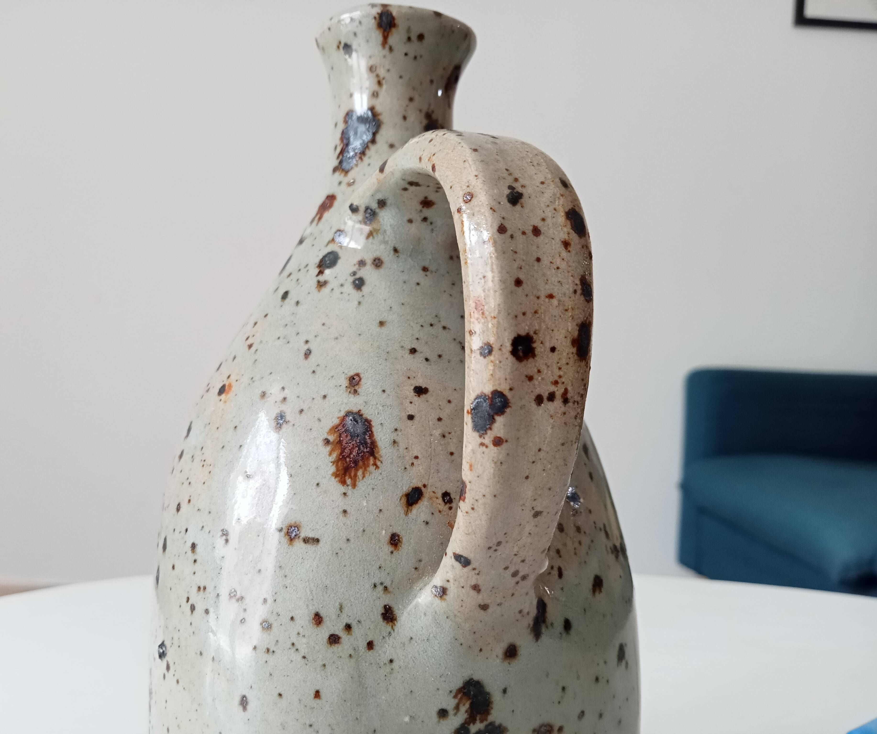 Signed pitcher in vintage speckled stoneware
