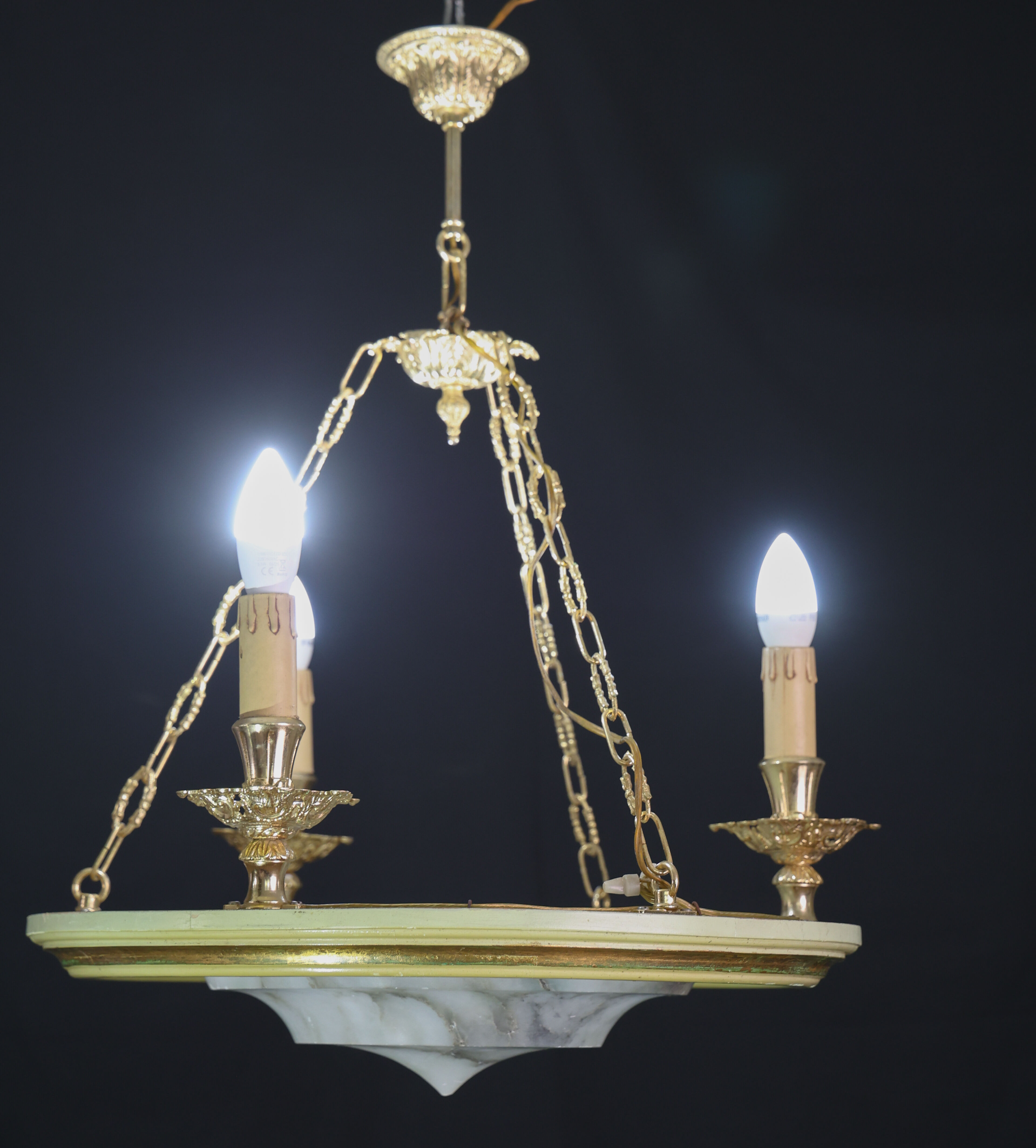 Masterpiece Art Deco design white alabaster chandelier circular wooden fram