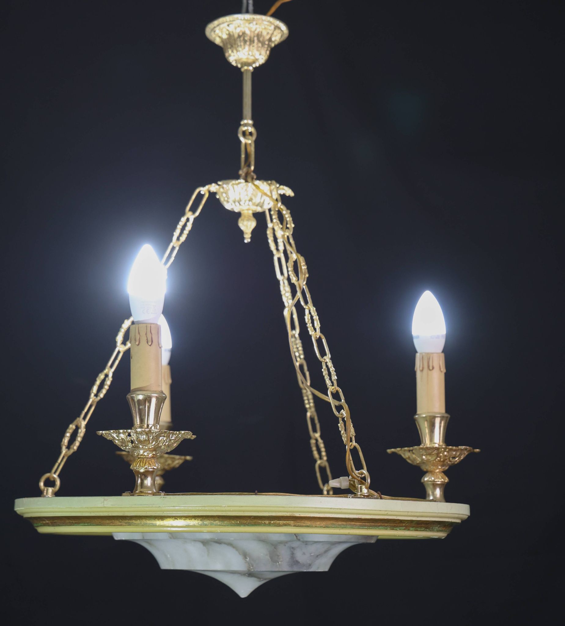 Masterpiece Art Deco design white alabaster chandelier circular wooden fram