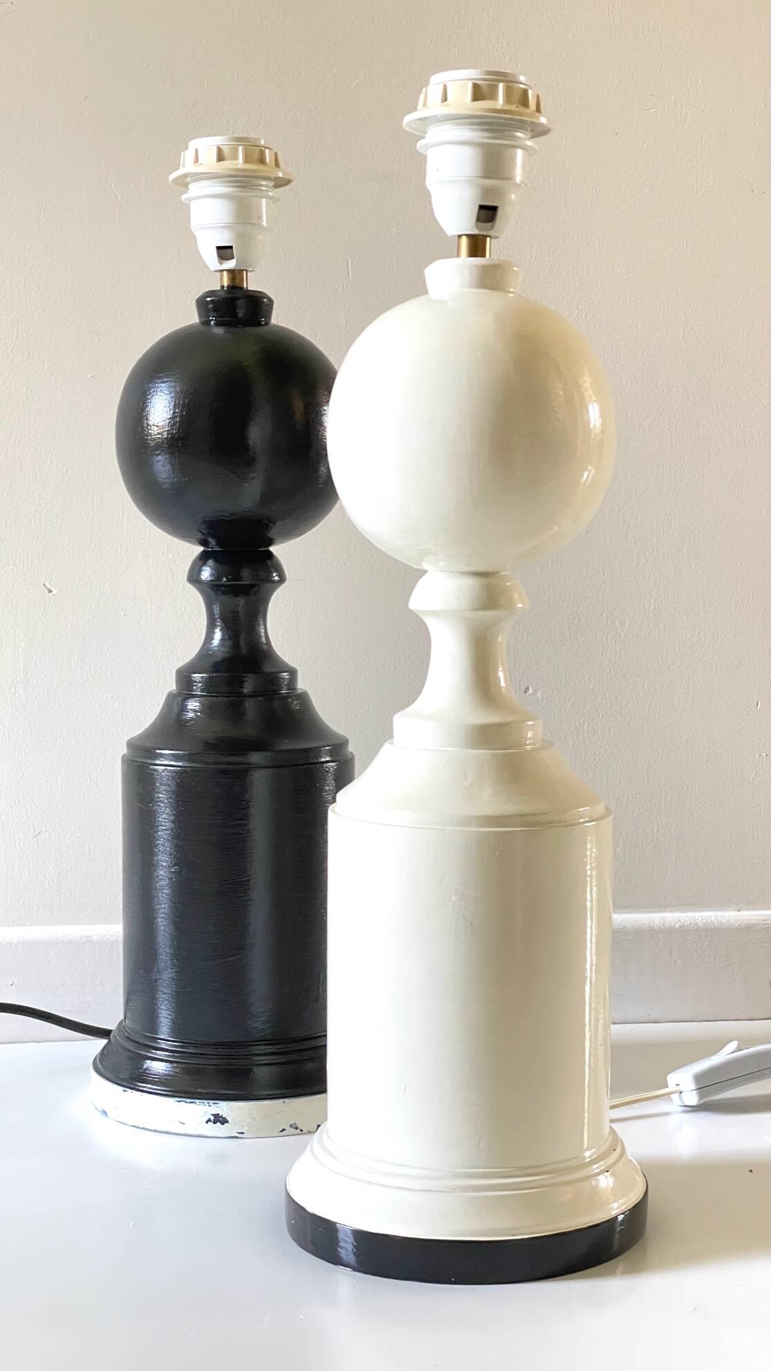 2 Vintage Black and White Turned Wood Lamp Bases