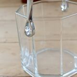 Vintage glass ice bucket with chrome handle.
