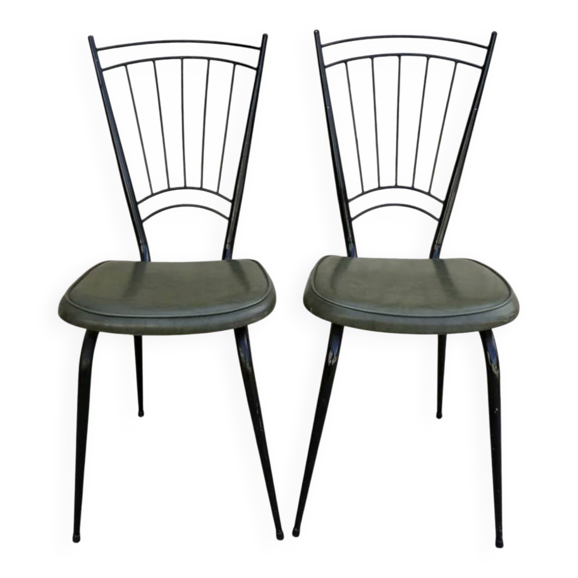 Black metal chairs with khaki faux leather seats, circa 1960.