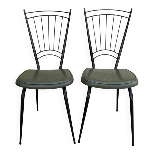 Piare de chaises en métal noir et assise Skaï kaki, vers 1960