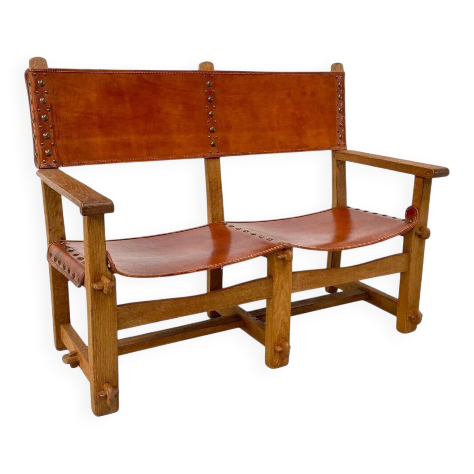 Vintage French Handmade Castle Bench in Oak and Cognac Leather, 1960s.