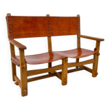 Vintage French Handmade Castle Bench in Oak and Cognac Leather, 1960s.