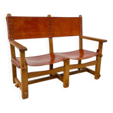Vintage French Handmade Castle Bench in Oak and Cognac Leather, 1960s.