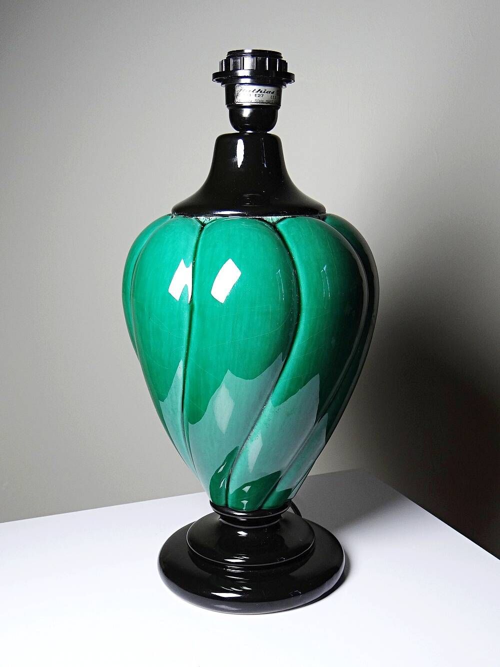 Large vintage Mathias lamp in green and black ceramic, 1970s.