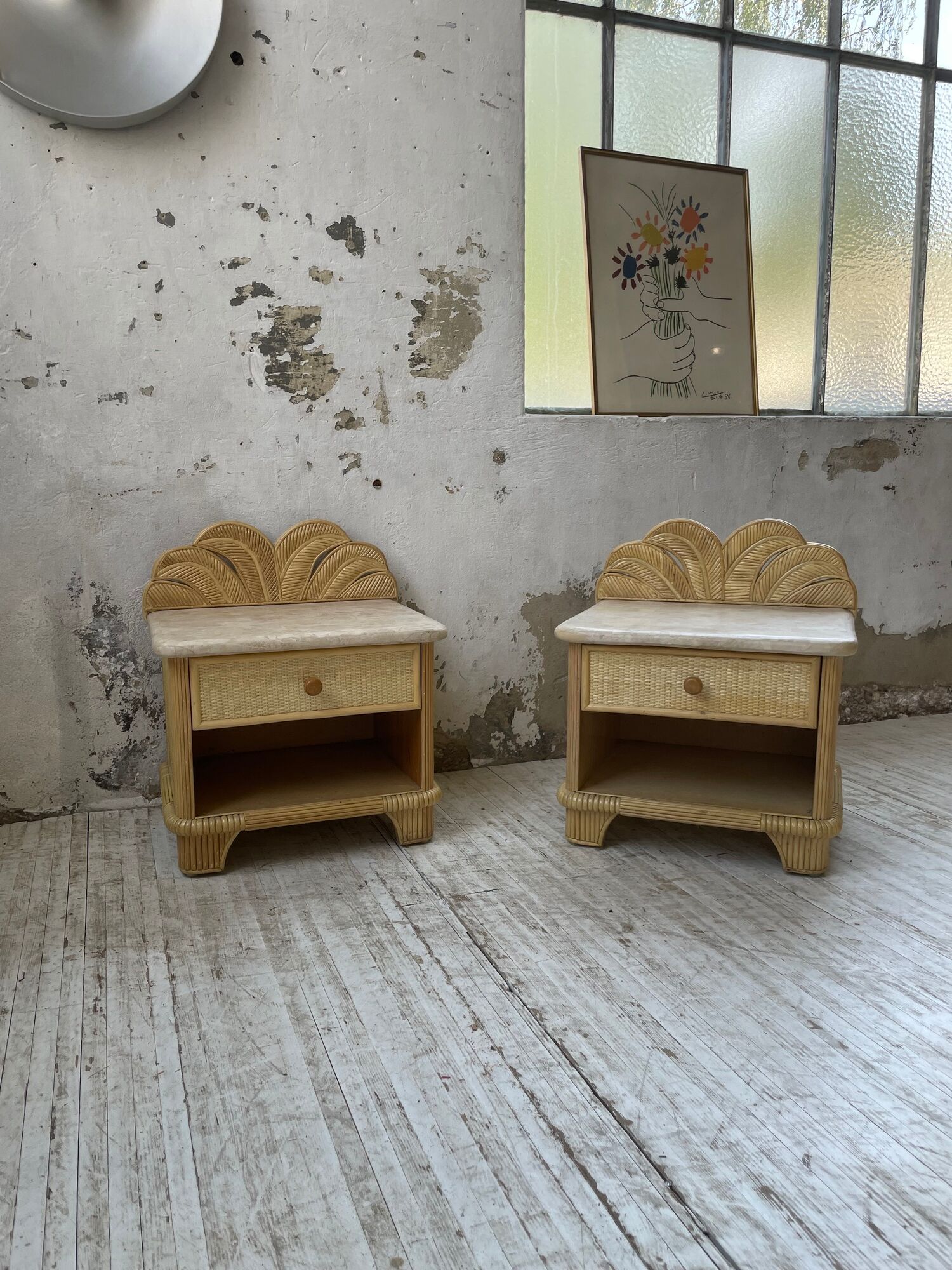 Pair of travertine bedside and rattan palm tree "vivai del sud"