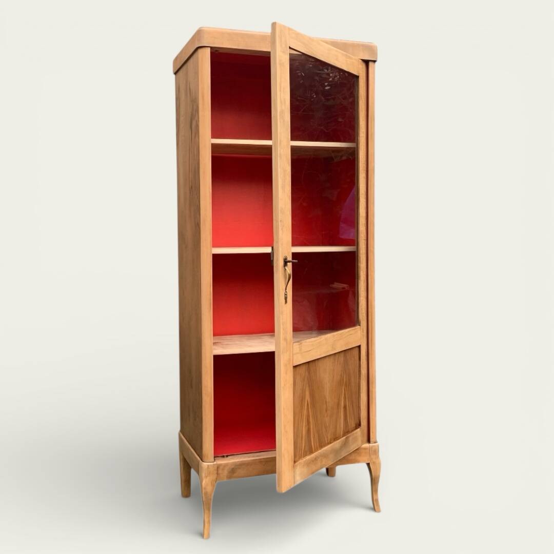 Vintage glass-fronted cabinet, raw wood, 1950s