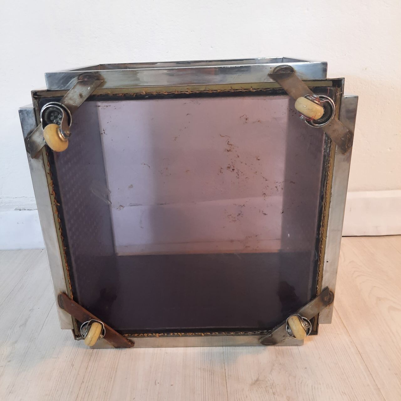 Planter, vintage storage with lightweight wheels, straw, brass and steel, hollywood regency
