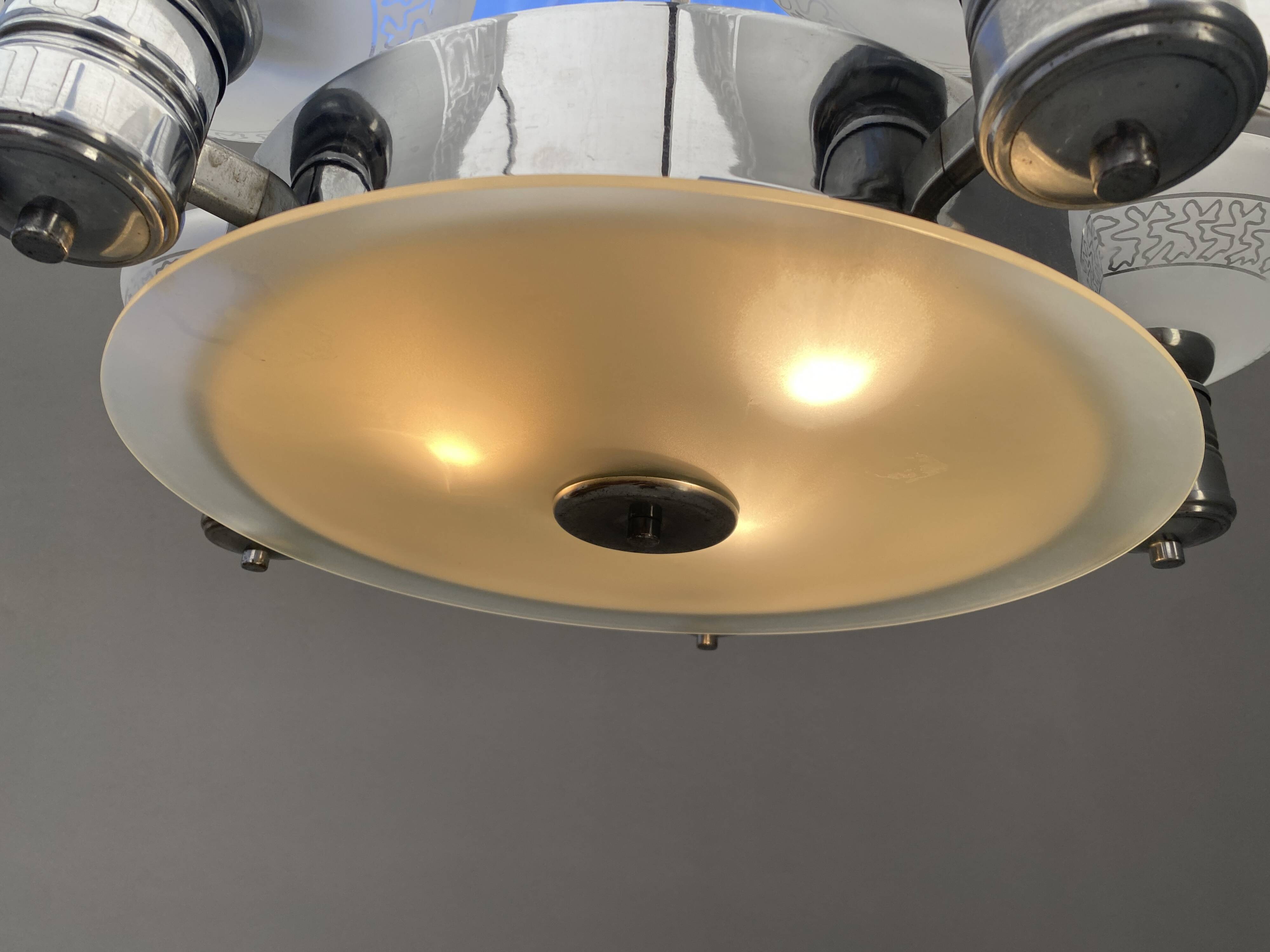 Art Deco Chrome Chandelier with Glass Bowl Shades