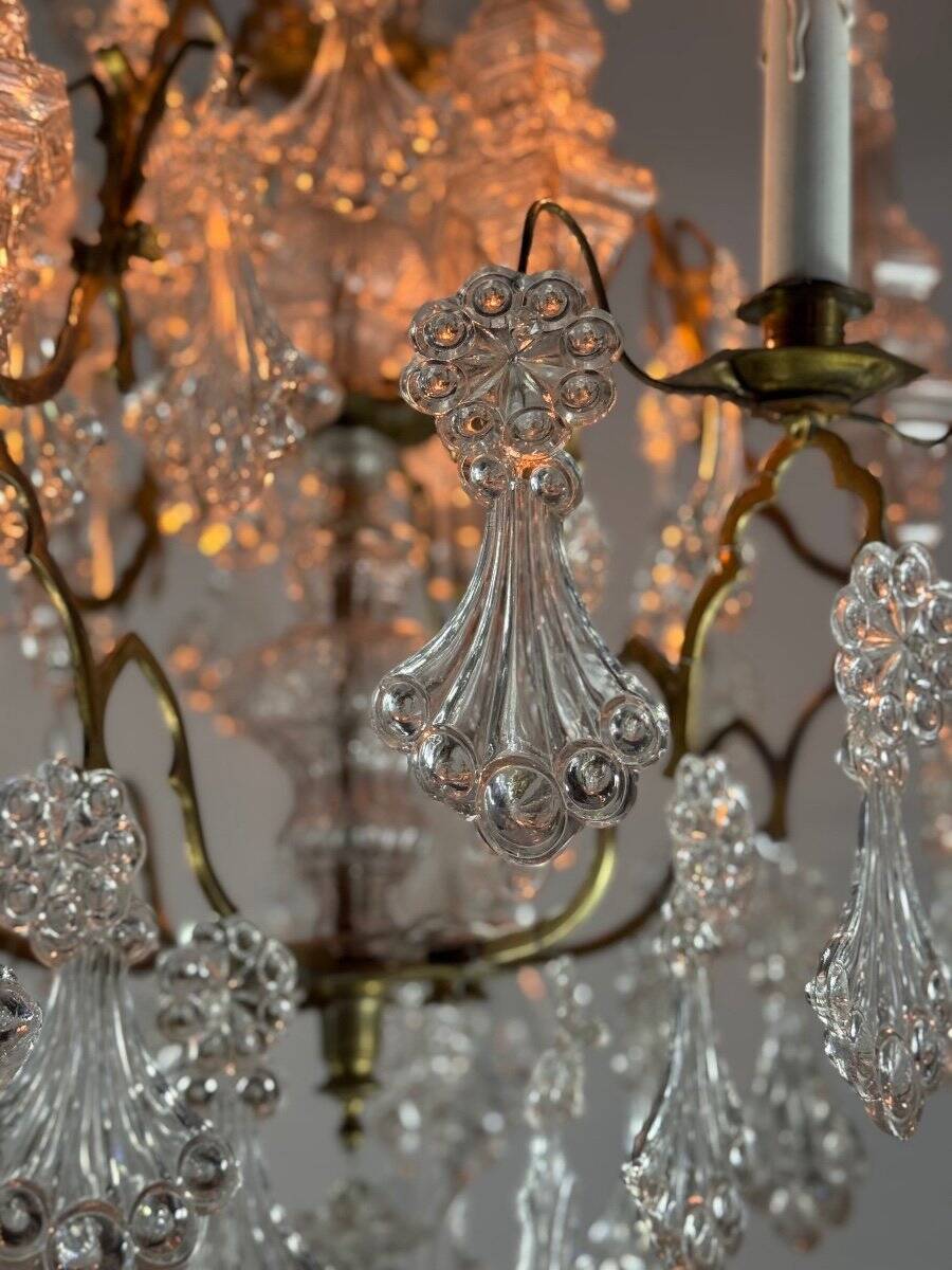 Cage chandelier, molded glass and bronze pendants, circa 1800
