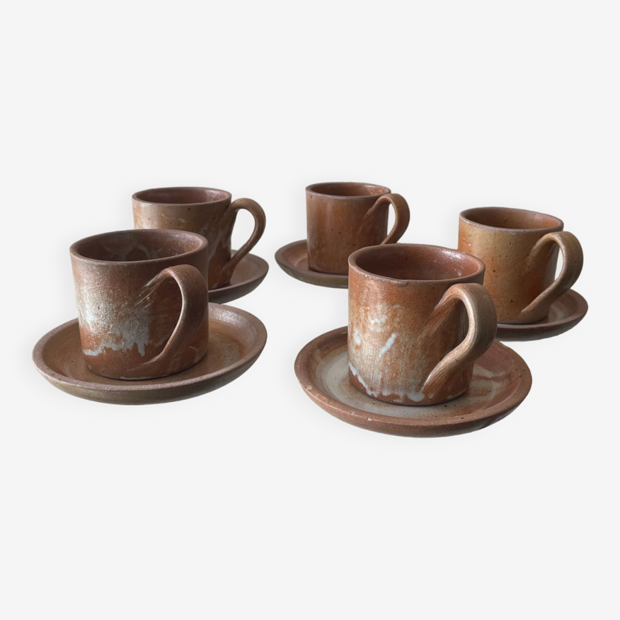 Série de 5 tasses et sous tasses à café en grès | Selency
