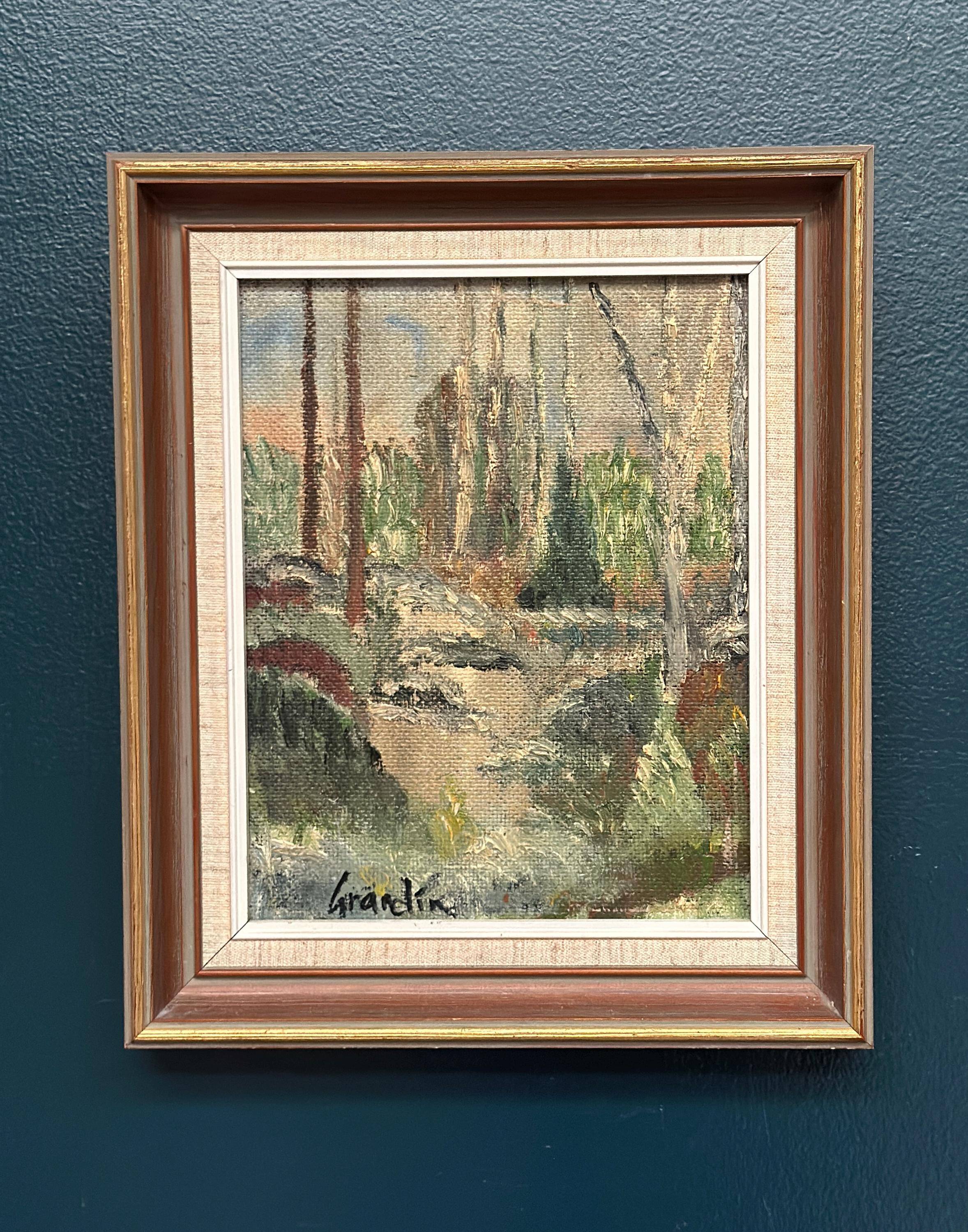 Huile su panneau suédoise – « Forêt » par Svan Grandin – Vintage et encadrée