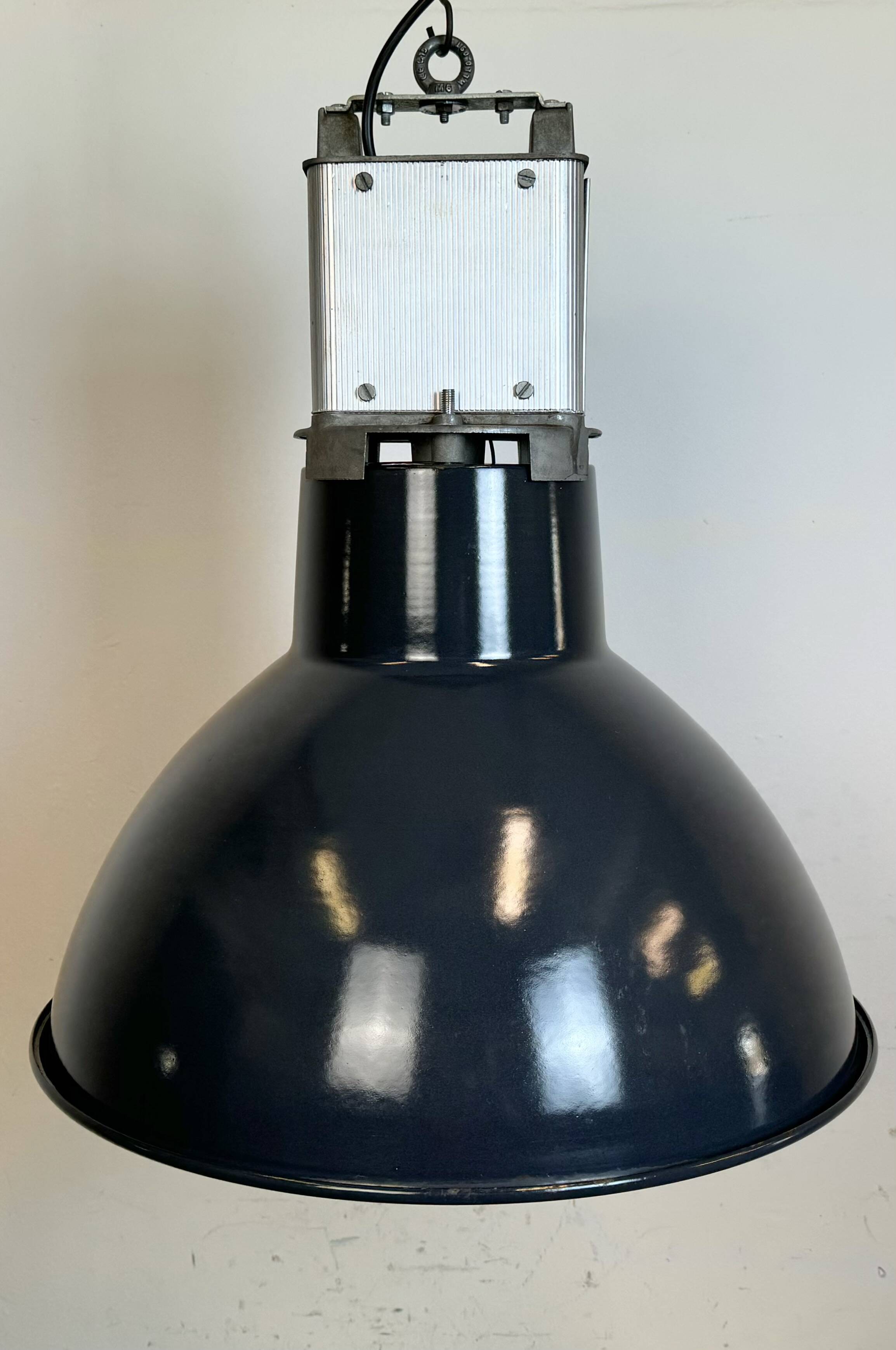 Industrial french dark blue enamel pendant lamp from mazda, 1960s